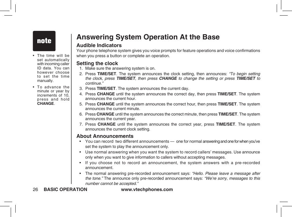 Answering system operation at the base | VTech ia5874 User Manual | Page 27 / 51