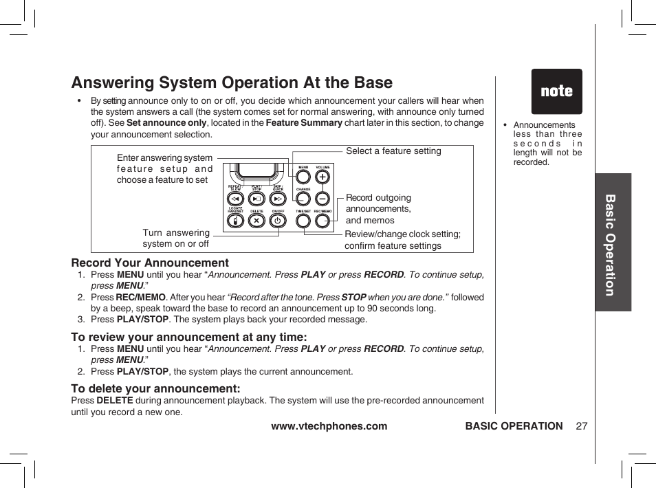Answering system operation at the base, Bas ic o pe ra tio n | VTech ia5874 User Manual | Page 28 / 51