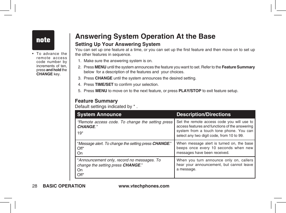 Answering system operation at the base | VTech ia5874 User Manual | Page 29 / 51