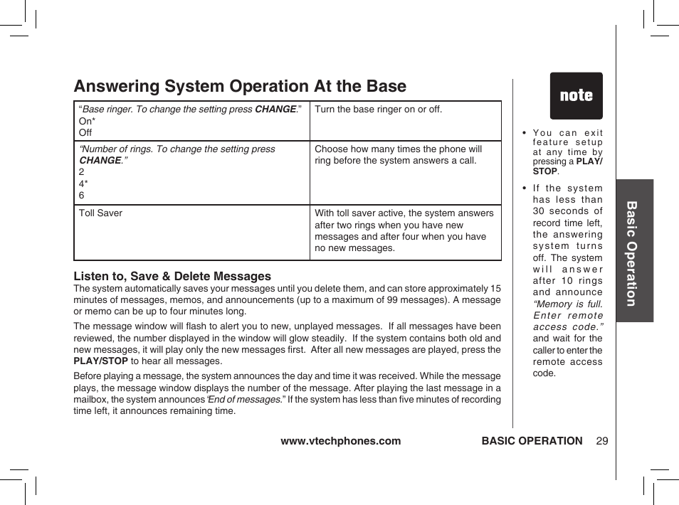 Answering system operation at the base, Bas ic o pe ra tio n | VTech ia5874 User Manual | Page 30 / 51