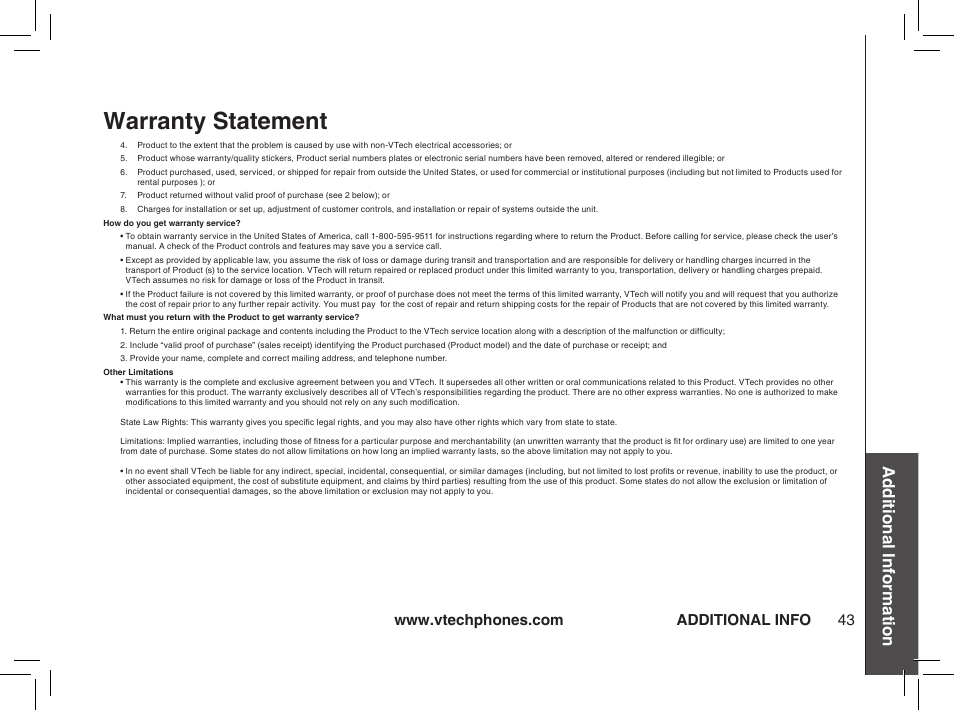 Warranty statement, Additional information, Additional info | VTech ia5874 User Manual | Page 44 / 51