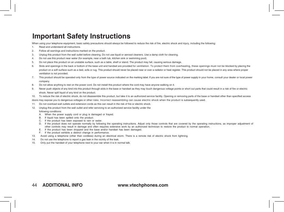 Important safety instructions | VTech ia5874 User Manual | Page 45 / 51