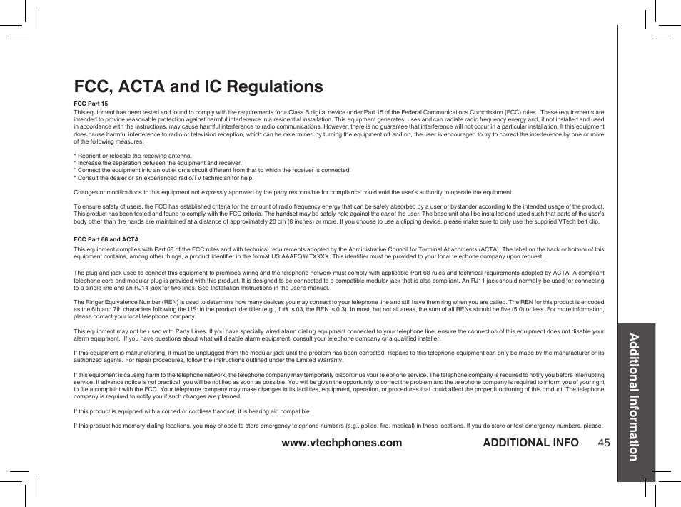 Fcc, acta and ic regulations, Additional information, Additional info | VTech ia5874 User Manual | Page 46 / 51