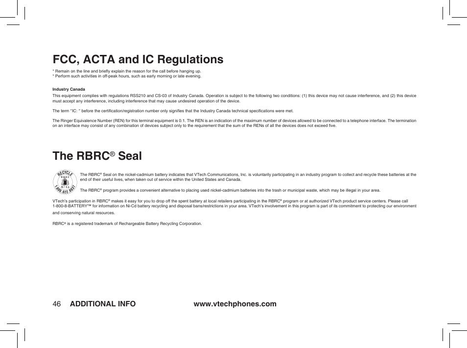 Fcc, acta and ic regulations, The rbrc, Seal | VTech ia5874 User Manual | Page 47 / 51