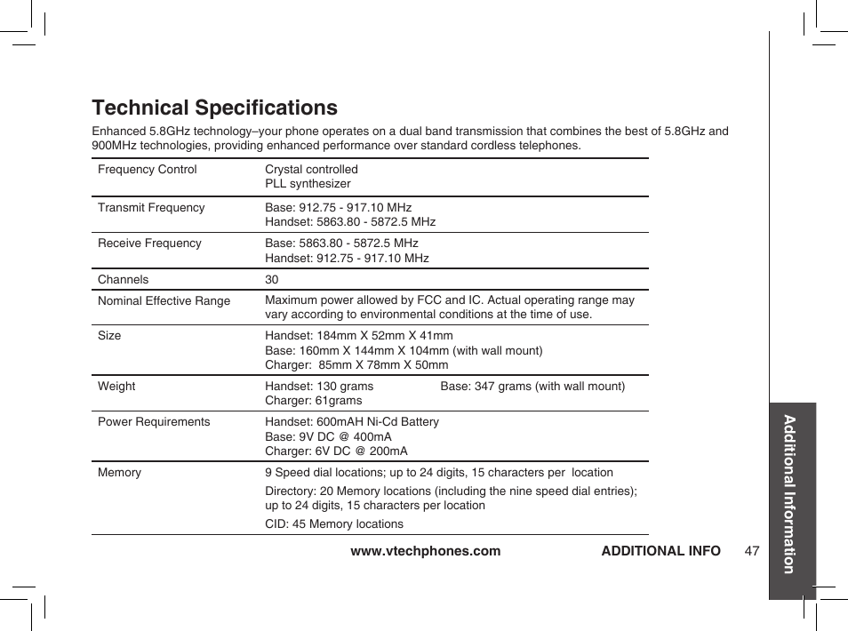 Technical specifications | VTech ia5874 User Manual | Page 48 / 51