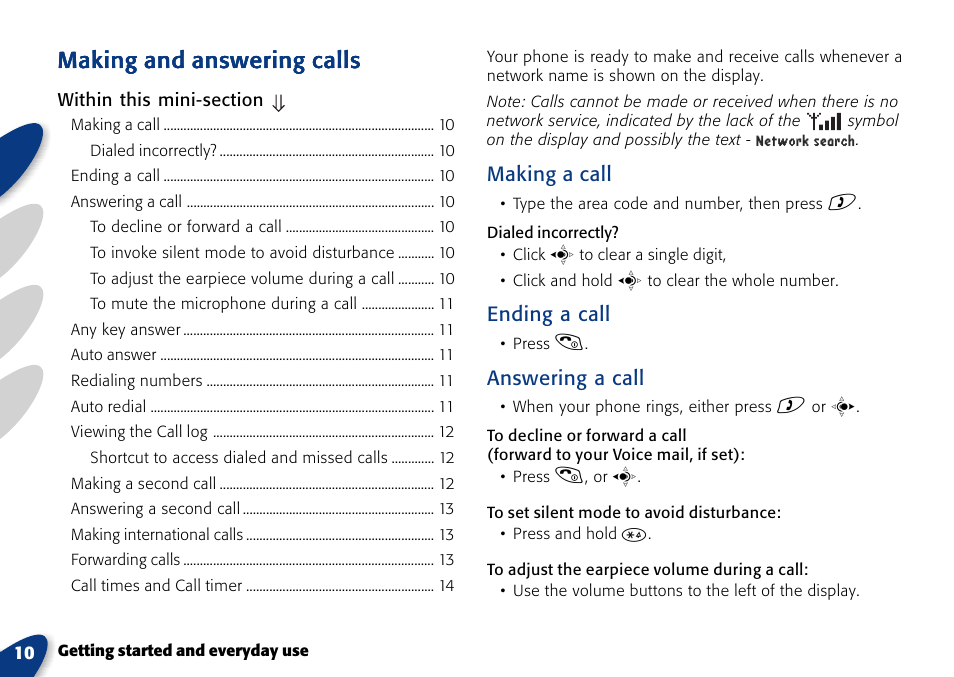 Making and answering calls, Network search, Making a call | Ending a call, Answering a call | VTech A700 User Manual | Page 10 / 46