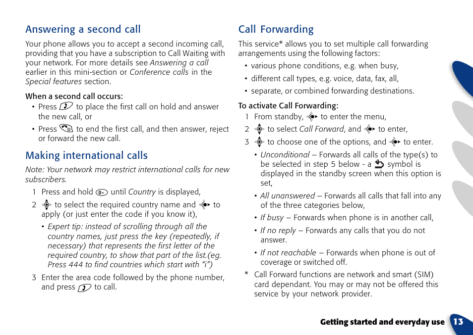 Answering a second call, Making international calls, Call forwarding | VTech A700 User Manual | Page 13 / 46