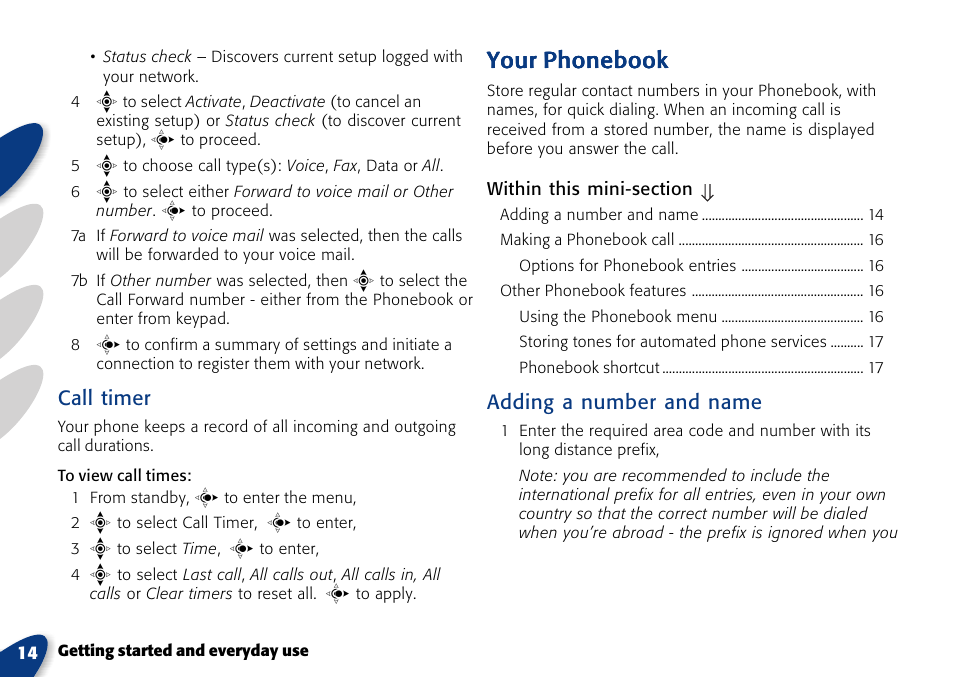 Your phonebook, Call timer, Adding a number and name | VTech A700 User Manual | Page 14 / 46