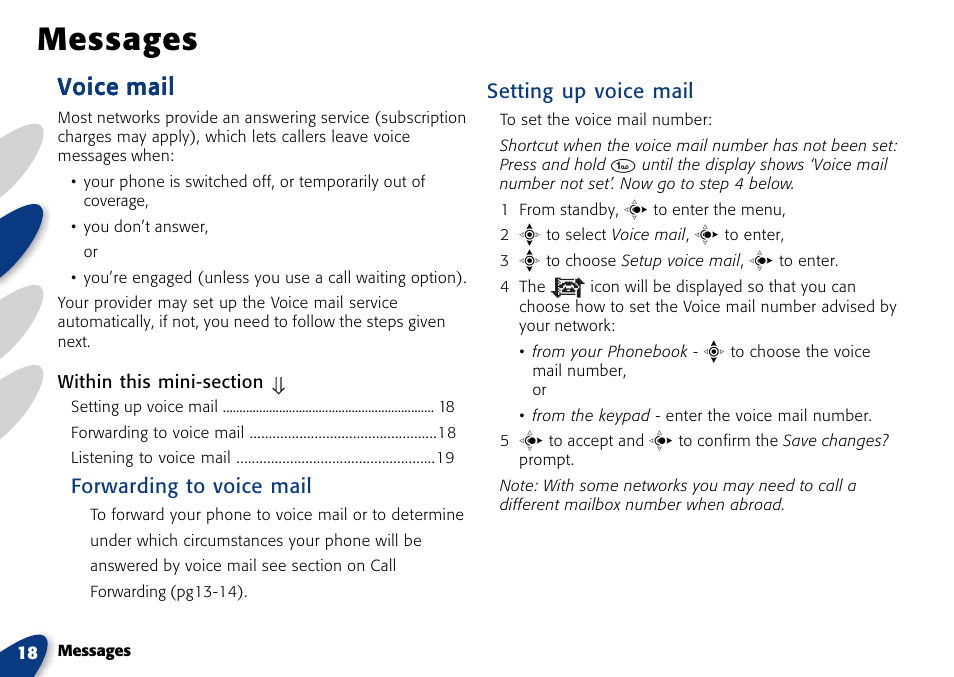 Messages, Voice mail, Forwarding to voice mail | Setting up voice mail | VTech A700 User Manual | Page 18 / 46