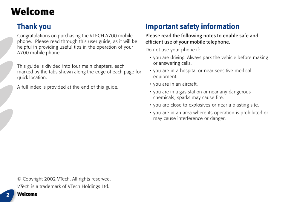 Welcome, Impor | VTech A700 User Manual | Page 2 / 46