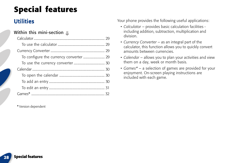 Special features, Utilities | VTech A700 User Manual | Page 28 / 46