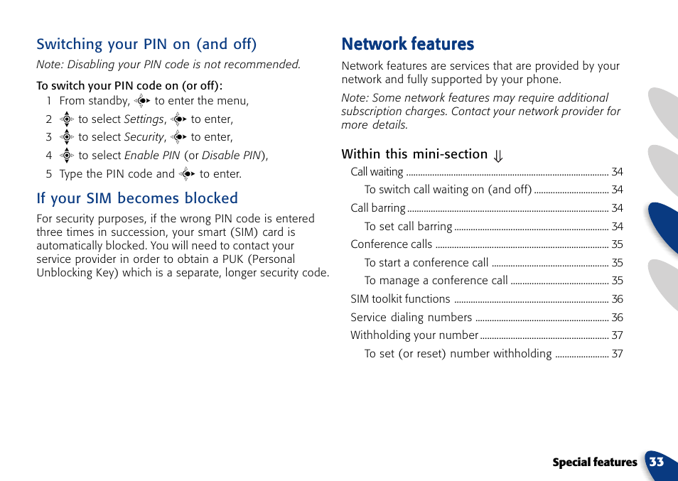 Network features, Switching your pin on (and off), If your sim becomes blocked | VTech A700 User Manual | Page 33 / 46