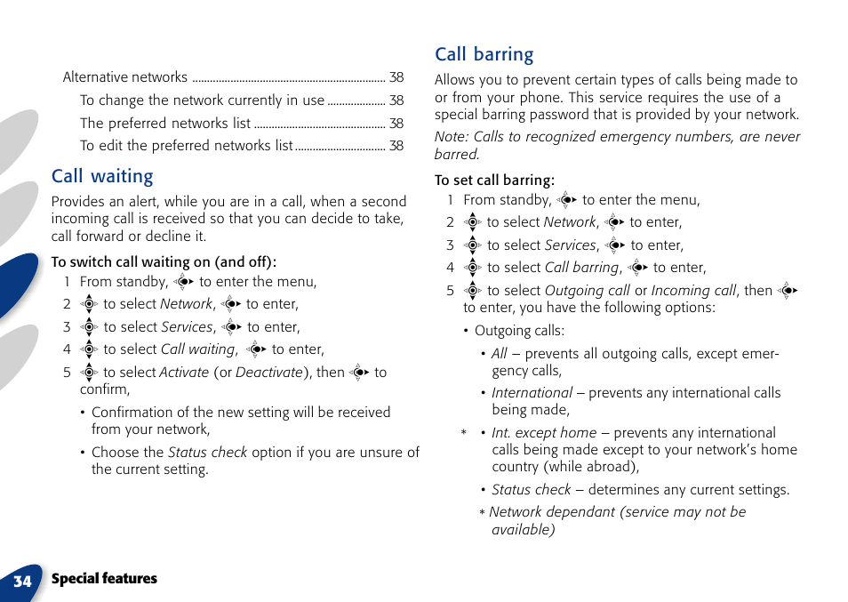 Call waiting, Call barring | VTech A700 User Manual | Page 34 / 46