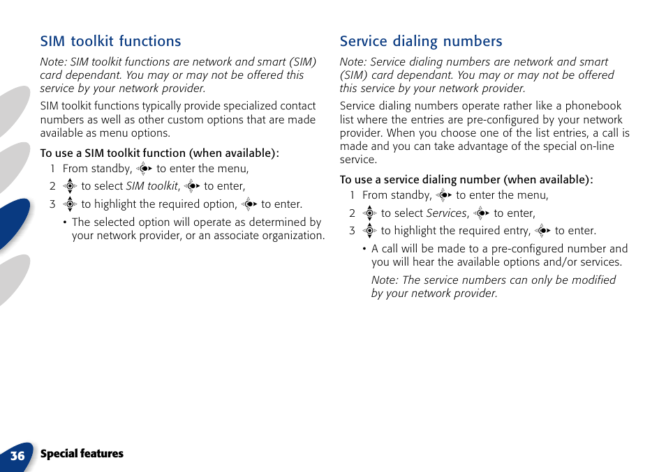 Sim toolkit functions, Service dialing numbers | VTech A700 User Manual | Page 36 / 46