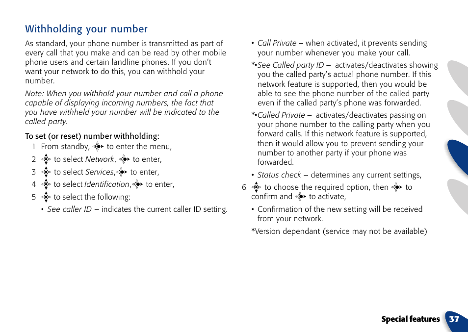 Withholding your number | VTech A700 User Manual | Page 37 / 46