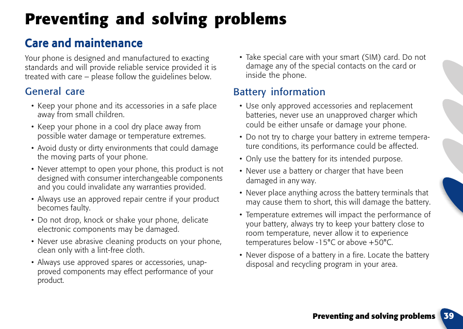 Preventing and solving problems, Care and maintenance, General care | Battery information | VTech A700 User Manual | Page 39 / 46