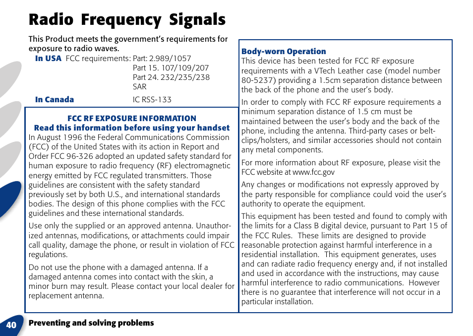 Radio frequency signals | VTech A700 User Manual | Page 40 / 46