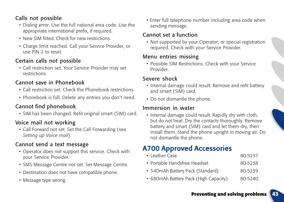 A700 approved accessories | VTech A700 User Manual | Page 43 / 46