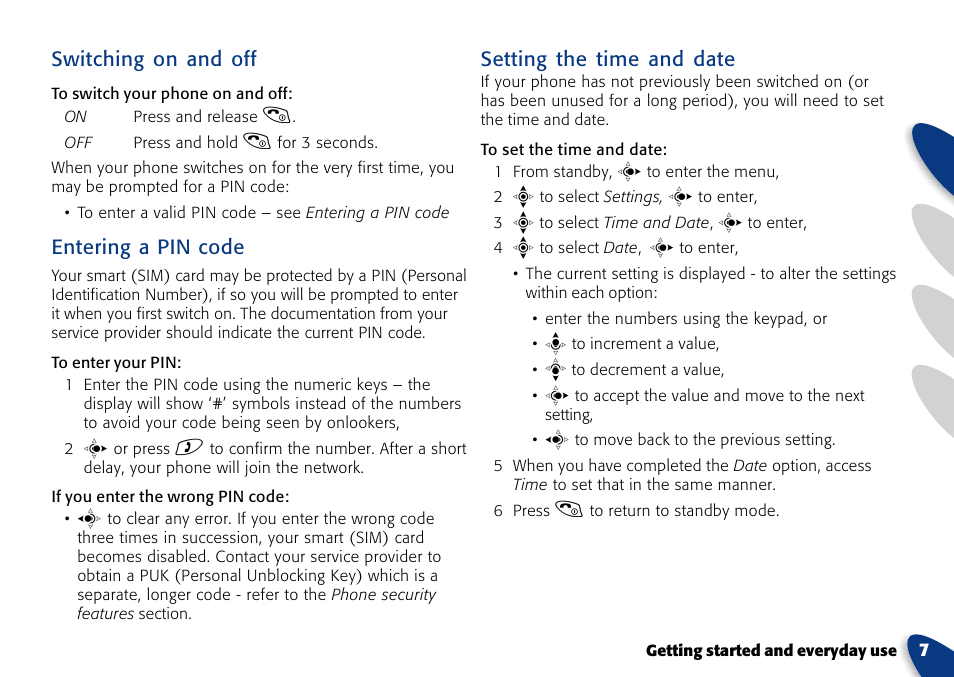 Switching on and off, Entering a pin code, Setting the time and date | VTech A700 User Manual | Page 7 / 46