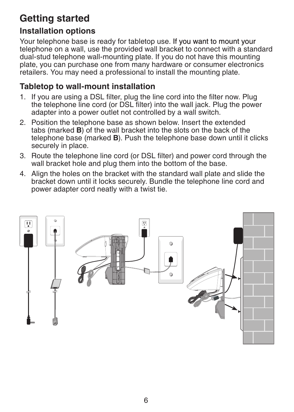 Installation options, Tabletop to wall-mount, Installation | Getting started | VTech DS6321-3 User Manual | Page 10 / 101
