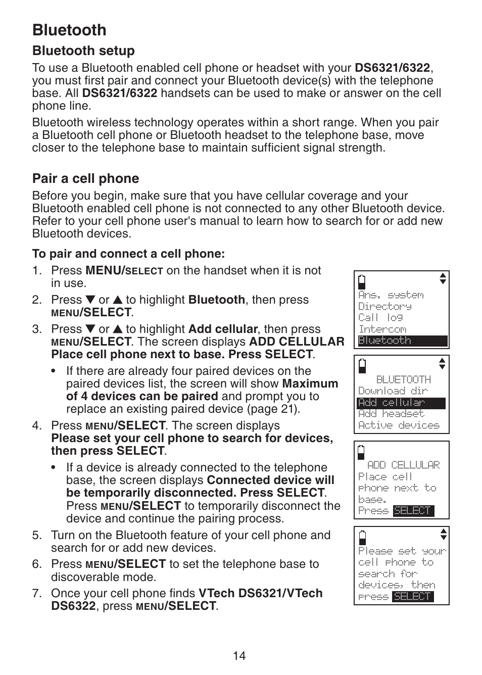 Bluetooth setup, Pair a cell phone, Bluetooth | VTech DS6321-3 User Manual | Page 18 / 101