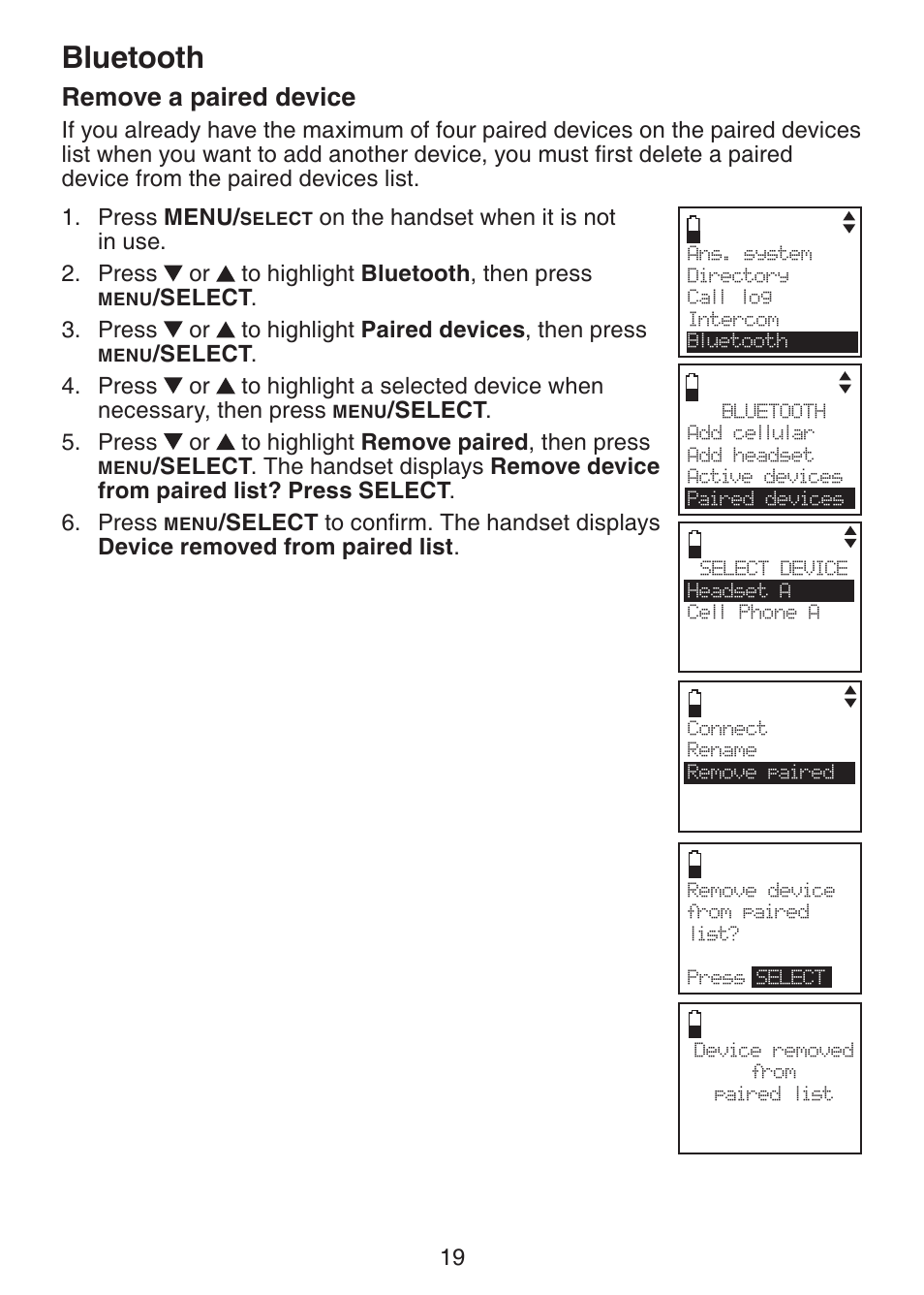 Remove a paired device, Bluetooth | VTech DS6321-3 User Manual | Page 23 / 101