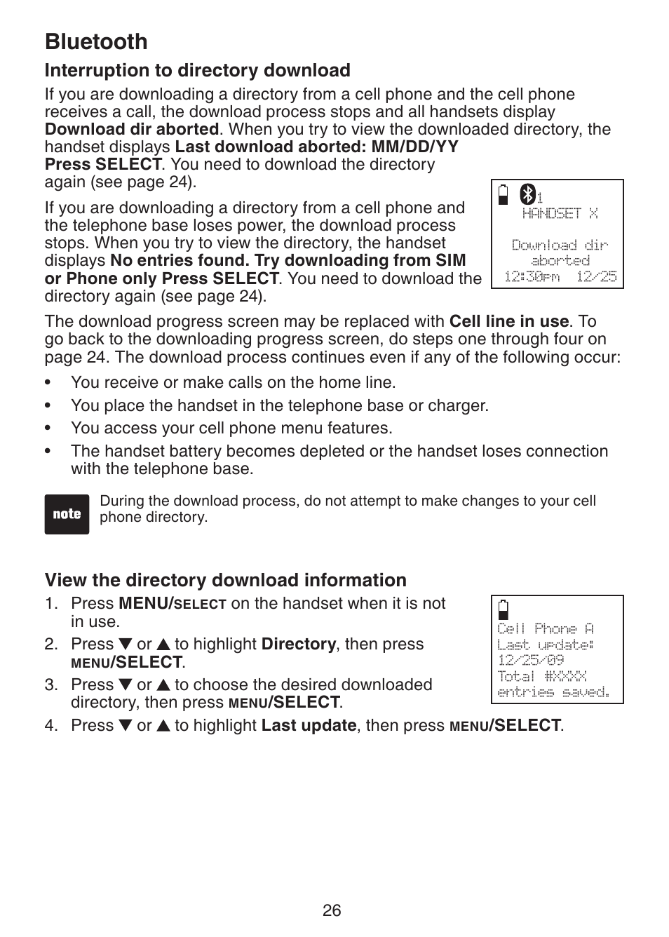 Interruption to directory, Download, View the directory download | Information, Bluetooth, Interruption to directory download, View the directory download information | VTech DS6321-3 User Manual | Page 30 / 101