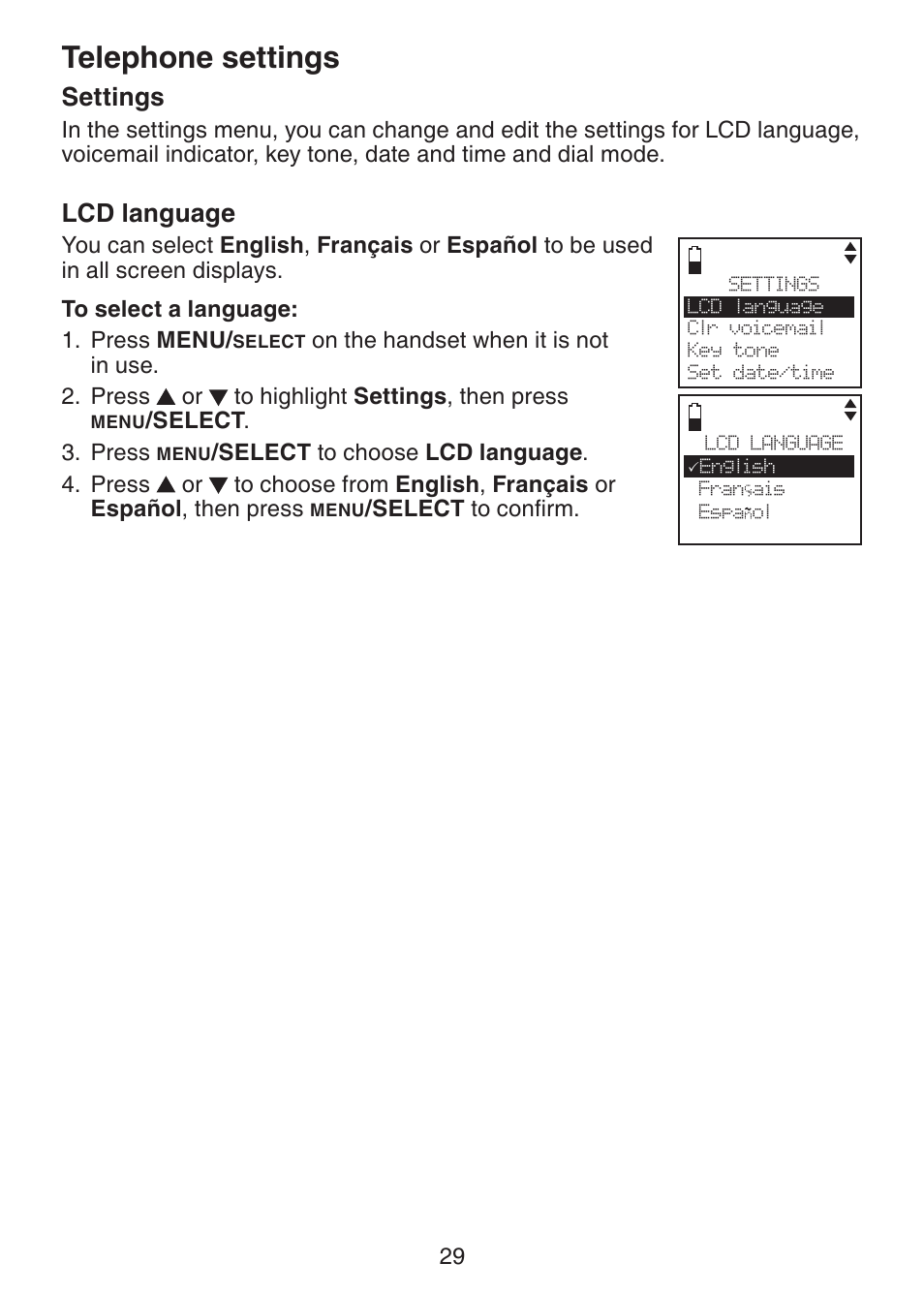 Telephone settings, Settings, Lcd language | VTech DS6321-3 User Manual | Page 33 / 101