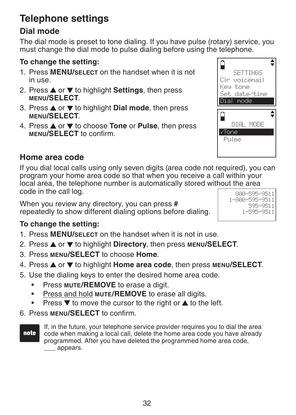 Dial mode, Home area code, Telephone settings | VTech DS6321-3 User Manual | Page 36 / 101