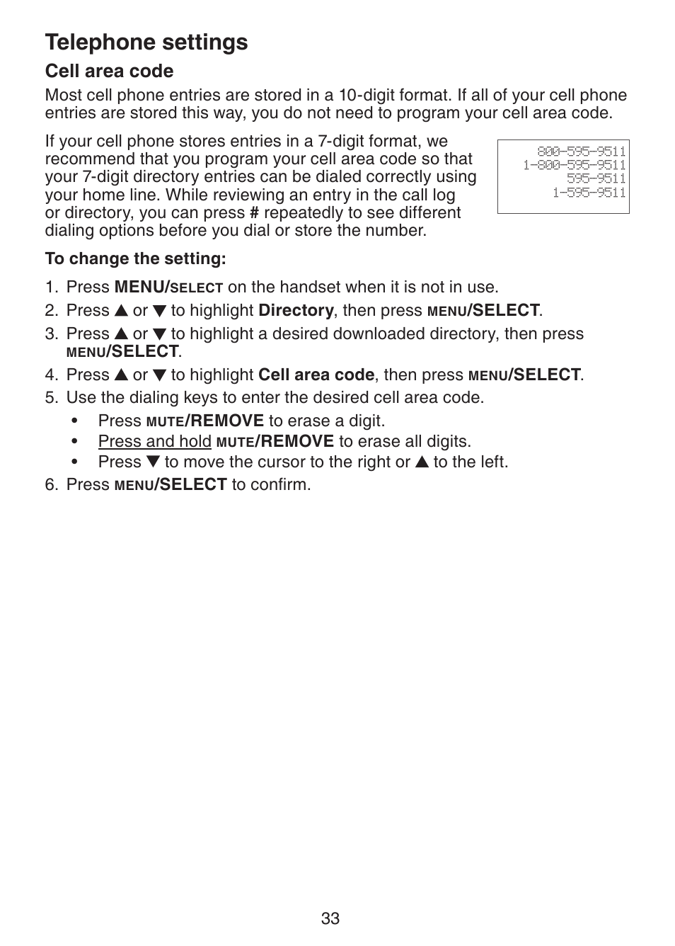 Cell area code, Telephone settings | VTech DS6321-3 User Manual | Page 37 / 101