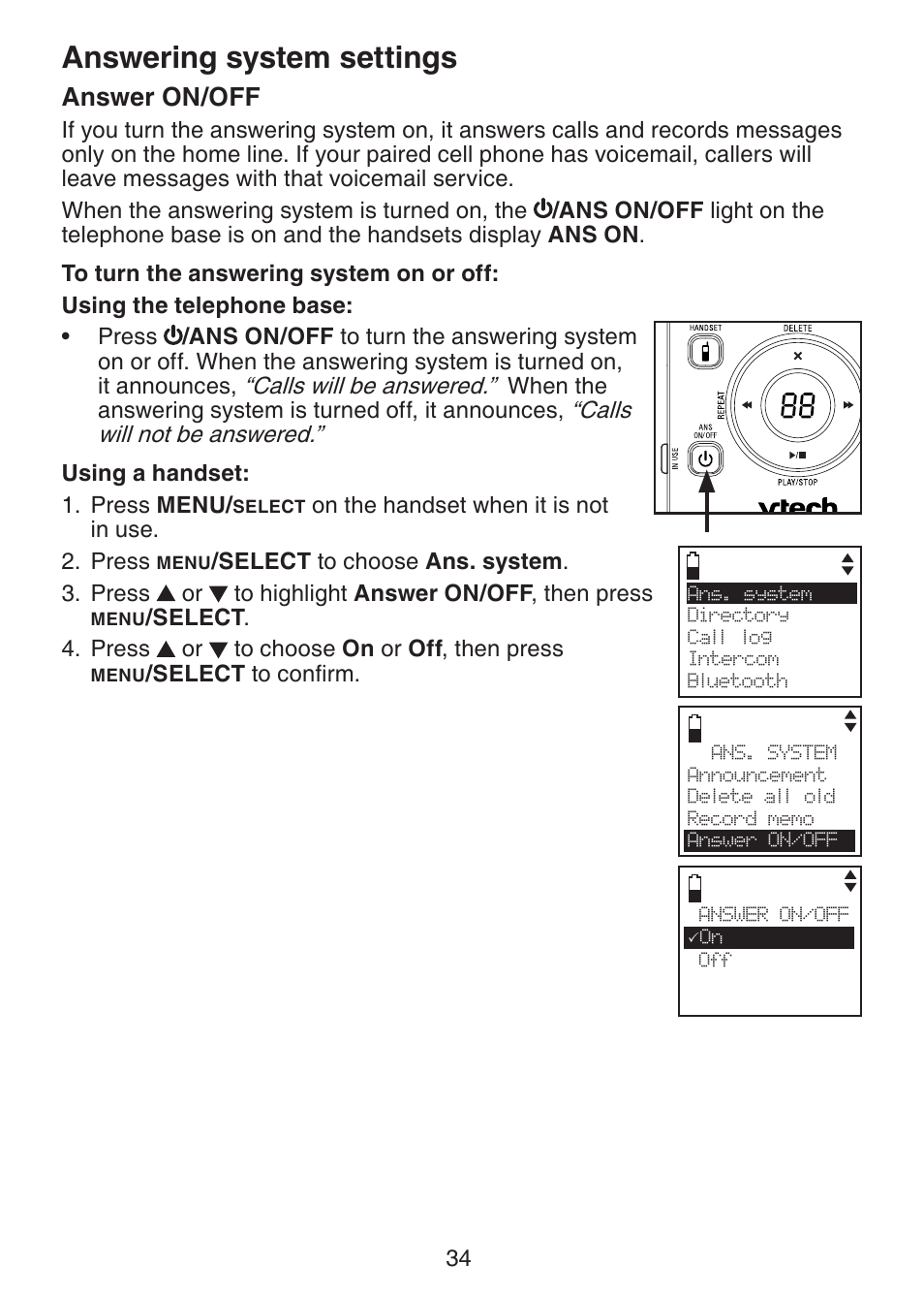 Answer on/off, Answering system settings | VTech DS6321-3 User Manual | Page 38 / 101