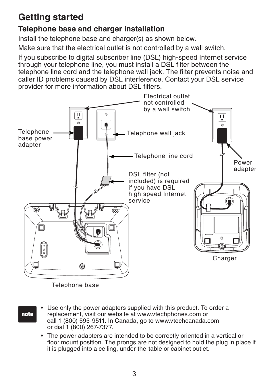 Telephone base and charger, Installation, Getting started | Telephone base and charger installation | VTech DS6321-3 User Manual | Page 7 / 101
