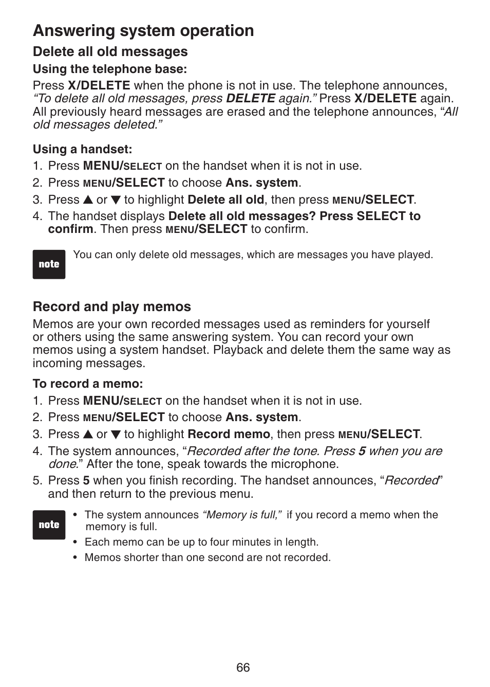 Delete all old messages, Record and play memos, Answering system operation | VTech DS6321-3 User Manual | Page 70 / 101