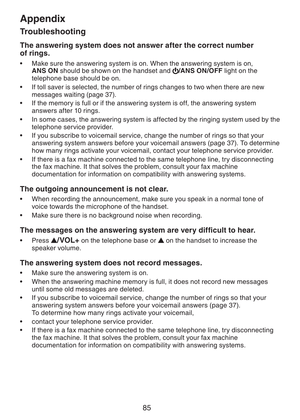 Appendix, Troubleshooting | VTech DS6321-3 User Manual | Page 89 / 101