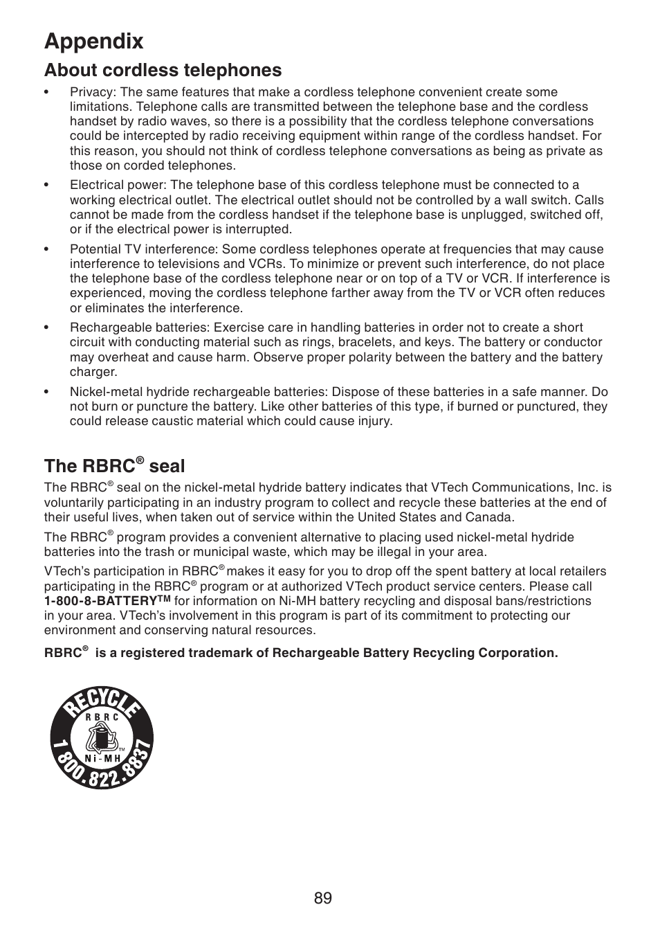 About cordless telephones, The rbrc, Seal | Appendix | VTech DS6321-3 User Manual | Page 93 / 101