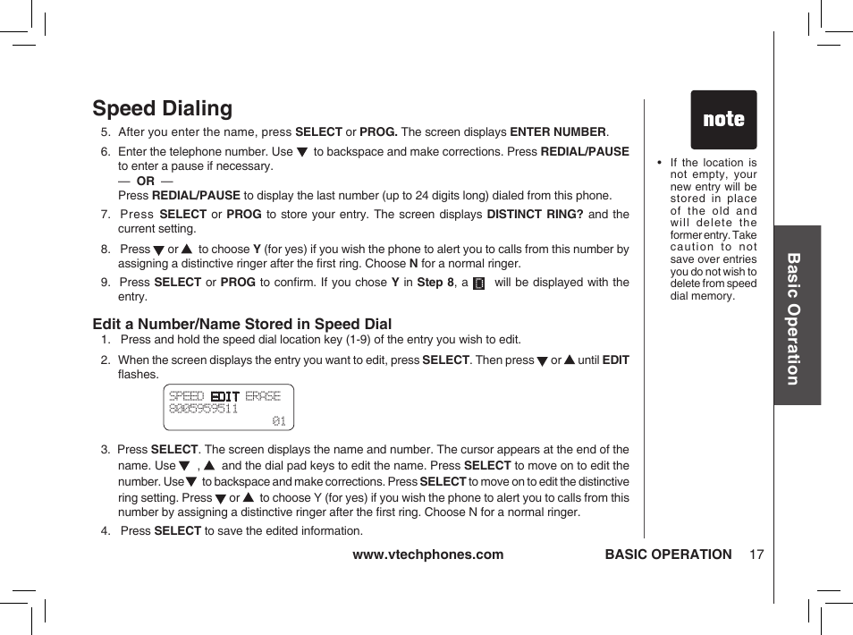 Speed dialing, Bas ic o pe ra tio n | VTech ia5876 User Manual | Page 18 / 51