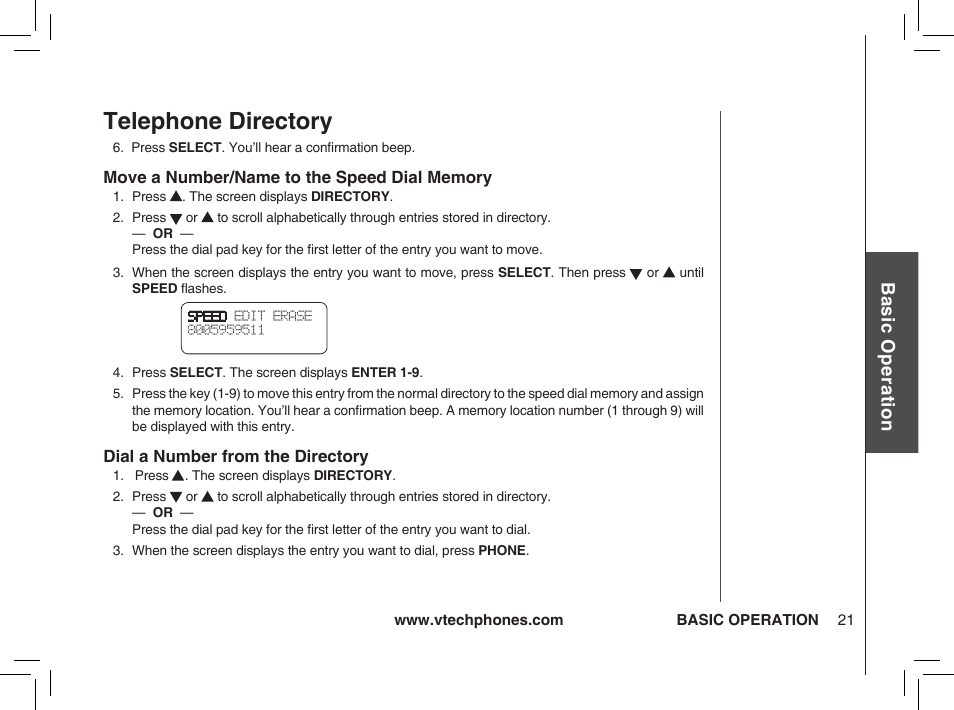 Telephone directory, Bas ic o pe ra tio n | VTech ia5876 User Manual | Page 22 / 51