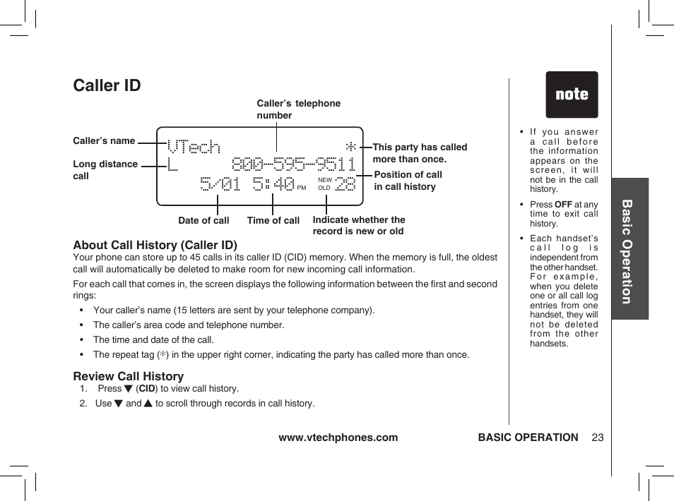 Caller id, Bas ic o pe ra tio n | VTech ia5876 User Manual | Page 24 / 51