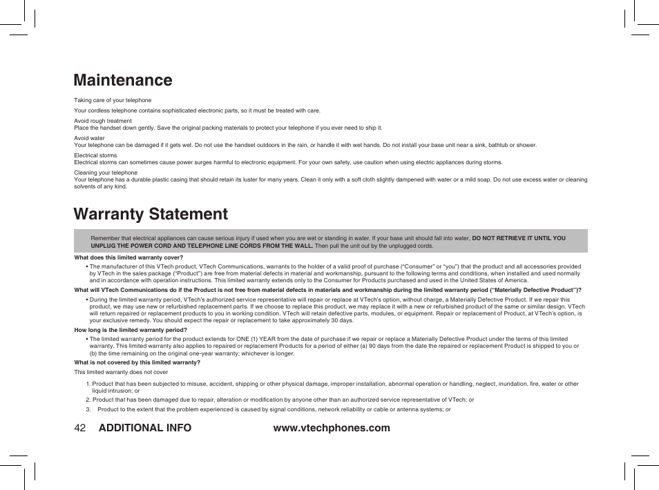 Maintenance, Warranty statement | VTech ia5876 User Manual | Page 43 / 51