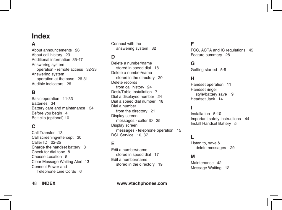 Index | VTech ia5876 User Manual | Page 49 / 51