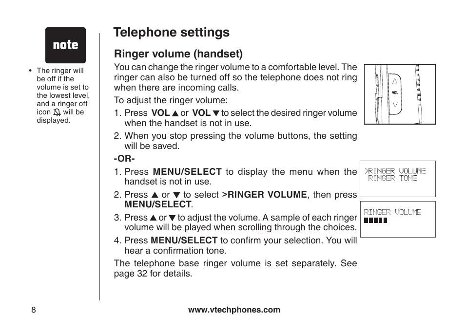 Telephone settings, Ringer volume, Telephone settings ringer volume (handset) | Ringer volume (handset) | VTech DS6121 User Manual | Page 12 / 69