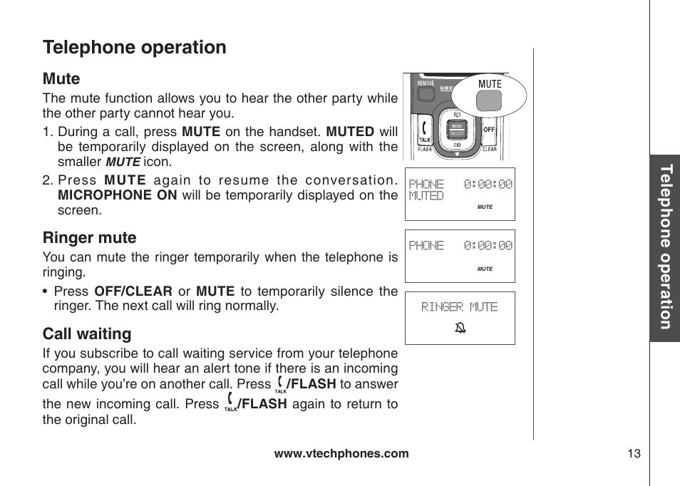 Mute, Ringer mute, Call waiting | Mute ringer mute, Telephone operation, Te le ph on e o pe ra tio n | VTech DS6121 User Manual | Page 17 / 69