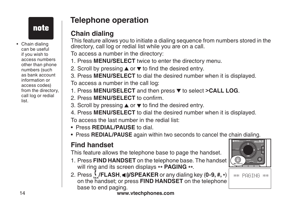 Find handset, Volume, Telephone operation | Chain dialing | VTech DS6121 User Manual | Page 18 / 69