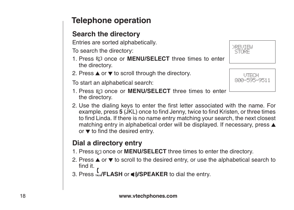 Search the directory, Dial a directory entry, Telephone operation | VTech DS6121 User Manual | Page 22 / 69