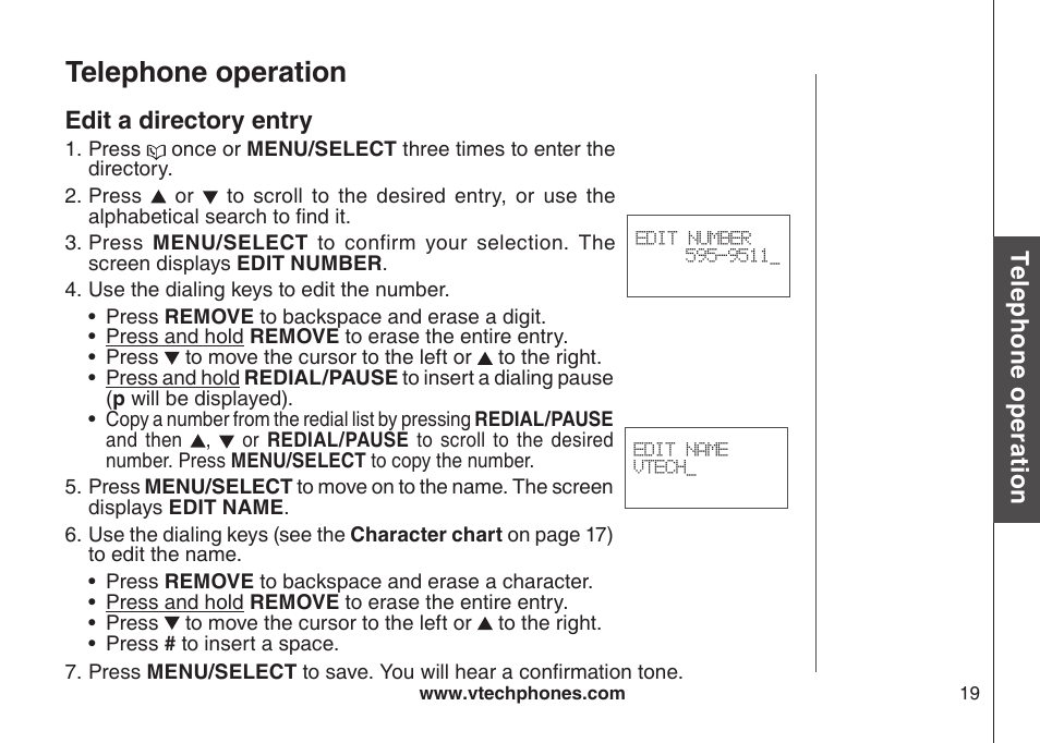 Edit a directory entry, Telephone operation, Te le ph on e o pe ra tio n | VTech DS6121 User Manual | Page 23 / 69