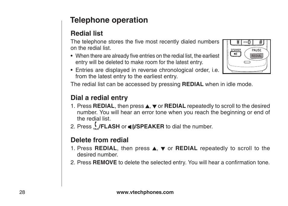 Redial list, Dial a redial entry, Delete from redial | Telephone operation | VTech DS6121 User Manual | Page 32 / 69