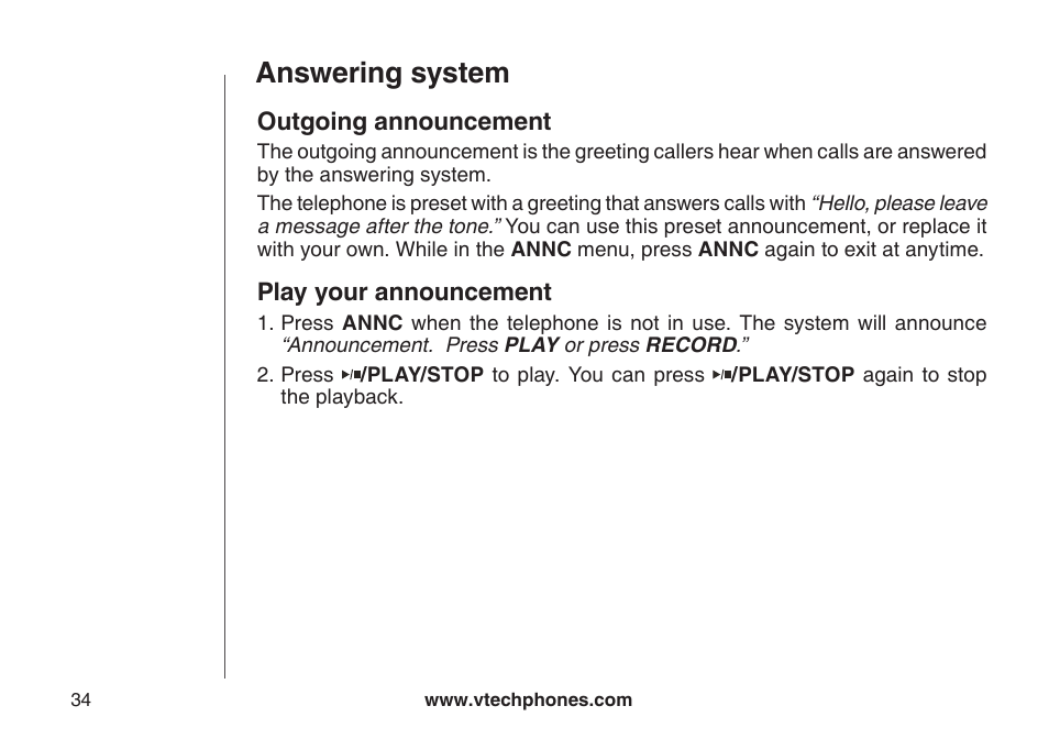 Outgoing announcement, Play your announcement, Outgoing announcement play your announcement | Answering system | VTech DS6121 User Manual | Page 38 / 69