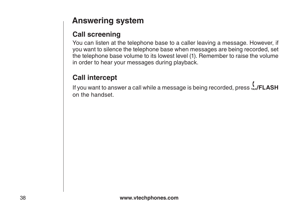 Call screening, Call intercept, Answering system | VTech DS6121 User Manual | Page 42 / 69