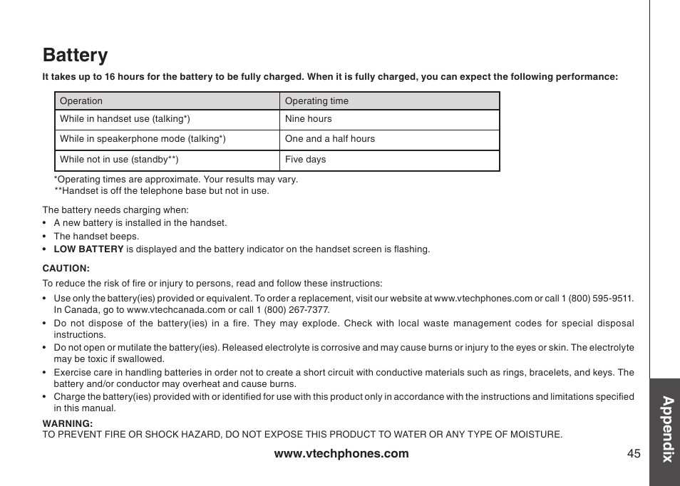 Battery, Appendix | VTech DS6121 User Manual | Page 49 / 69