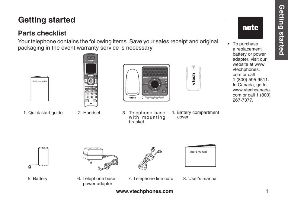 Getting started, Parts checklist, Getting started parts checklist | Gett in g s ta rte d | VTech DS6121 User Manual | Page 5 / 69
